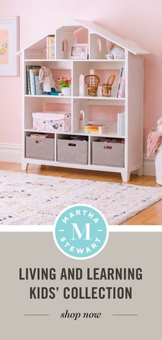 The Martha Stewart Living and Learning White Dollhouse Bookcase features large shelves for storing and displaying toys, books, stuffed animals and dolls. The dollhouse shape and unique doorway details and movable staircase also promotes pretend play using dolls up to 16" tall. Perfect for kids ages 3 and up, this unique wooden storage unit  comes complete with 3 fabric bins. This is the perfect addition in children's bedrooms, playrooms or learning spaces. Grandkids Room, Dollhouse Bookcase, Unique Bookshelves, Kids Doll House, Toddler Kitchen, Living Room Playroom, Big Girl Bedrooms, Fabric Storage Bins, White Bookcase