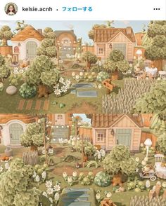 an illustration of a small village with lots of trees and animals in the yard,