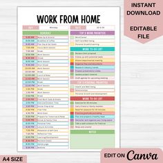 the printable work from home checklist is displayed on a white background with pink and blue