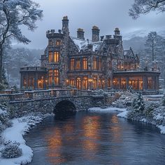 a large stone building sitting on top of a snow covered hillside next to a river