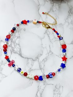 Handmade Blue Patriotic Jewelry, Blue Beaded Necklace For 4th Of July, Blue Beaded Necklaces For 4th Of July, Red Patriotic Necklace For 4th Of July, Blue Patriotic Necklace For Gift, Patriotic Blue Necklace For Gift, Adjustable Blue Patriotic Necklace, Patriotic Blue Beaded Necklace, Patriotic Blue Beaded Necklaces