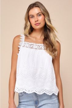 Bring a sweet vibe to all your summer activities in the Lulus Airy Impression White Eyelet Embroidered Crochet Lace Tank Top! Lightweight woven fabric shapes this breezy and sweet top that has crochet lace straps and a matching lace-trimmed square neckline. Relaxed bodice boasts pierced eyelet embroidery, finishing at a scalloped hem. Fit: This garment fits true to size. Length: Size medium measures 24" from shoulder to hem. Bust: Great for any cup size. Waist: Not Fitted - comfortable room thro Sleeveless Embroidered Tops For Brunch, Summer Crochet Lace Top For Brunch, Crochet Lace Top For Summer Brunch, Crochet Lace Top For Summer Day Out, Summer Crochet Lace Top For Day Out, Summer Embroidered Cotton Lace Top, Embroidered Crochet Top For Spring Beach, Embroidered Cotton Lace Top For Summer, Crochet Trim Lace Top Summer