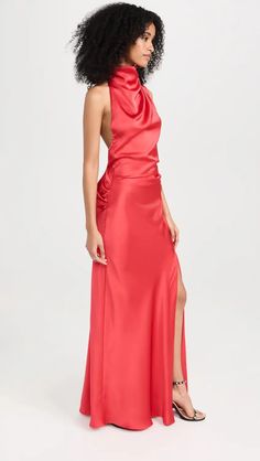 MISHA Constantina Gown | Shopbop Fitted Satin Dress With Side Slits For Gala, Fitted Silk Satin Dress With Side Slits, Fitted Satin Dress With Side Slits For Evening, Fitted Satin Dress With Side Slits For Formal Occasions, Formal Fitted Satin Dress With Side Slits, Satin Dress With Side Slits For Formal Occasions, Fitted Satin Dress With Side Slits, Fitted Satin Dress With Cowl Back For Gala, Fitted Satin Dress With Cowl Back