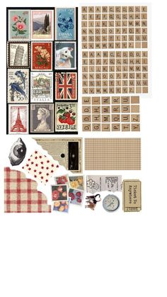 various stamps and stickers are arranged on a white surface, including one with an image of the eiffel tower