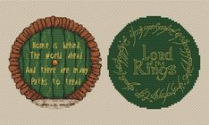 a cross stitch pattern with a green door and some words on the bottom half of it