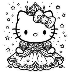 the hello kitty princess coloring page is in black and white, with stars around it