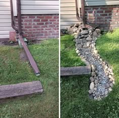 two pictures side by side one with rocks and the other with grass