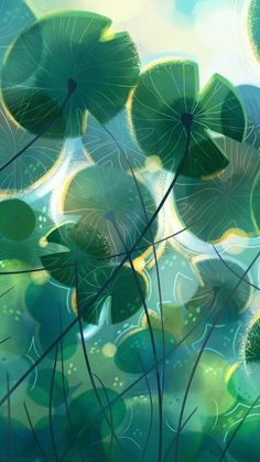 a painting of green leaves floating in the air