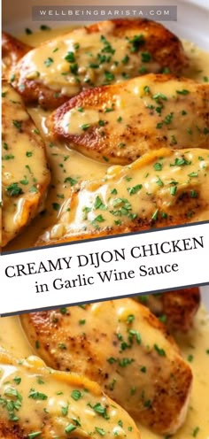 creamy dijon chicken in garlic wine sauce on a white plate with text overlay