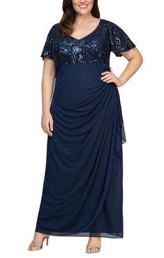 Plus Empire Waist Dress with Embroidered Sequin Bodice & Flutter Sleeves Plus Size Long Gown, Modest Formal Wear, Mother Of The Groom Looks, Mother Of The Groom Gowns, Mock Dress, Empire Waist Gown, Graduation Party Centerpieces, Groom Looks, Mother Of The Bride Outfit