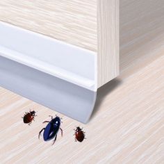 three ticks are on the floor next to a white door frame and some wood