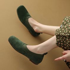 Square Toe Slip on Loafers for Women Soft Leather Flats Handmade in Camel/Black/Green Casual Green Suede Leather Shoes, Green Suede Loafers With Round Toe, Green Suede Round Toe Loafers, Flat Suede Slip-on Leather Shoes, Suede Round Toe Loafers For Spring, Spring Suede Slip-on Loafers, Spring Suede Flat Moccasins, Flat Suede Moccasins For Spring, Casual Flats With Rubber Sole And Plain Toe