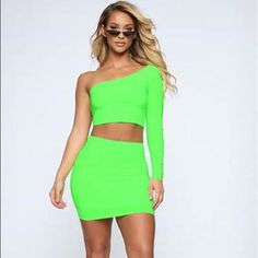 Nwot Fashion Nova Bodycon Neon Green Crop Top. Size Xs. Super Cute. Skirt Has Been Sold Green Mini Skirt For Summer Clubbing, Green Summer Skirt For Club, Chic Green Skirt For Club, Stretch Green Mini Skirt For Night Out, Green Stretch Mini Skirt For Night Out, Fitted Green Mini Skirt For Night Out, Spring Party Bodycon Mini Skirt, Spring Club Bodycon Skirt, Spring Bodycon Skirt For Club