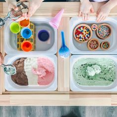 three people are making ice creams on trays