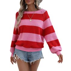 Red Striped Print Knitted Oversized Sweater Pink Knit Sweatshirt, Casual Red Cropped Long Sleeve Sweater, Red Long Sleeve Cropped Sweater, Red Soft Knit Sweater For Fall, Red Textured Knit Sweater For Fall, Red Oversized Crew Neck Sweater, Casual Red Cropped Sweater For Winter, Red Knit Crew Neck Top, Red Knit Cropped Sweater For Winter