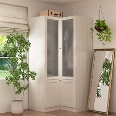 a white cabinet sitting next to a window filled with green plants