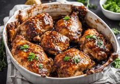 baked chicken thighs in a white casserole dish with parsley on the side