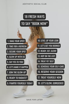 📣 If you’re in the Aesthetic industry, this is for you! Tired of the same old ‘Book Now’ call to action?  Here are 18 fresh and fun ways to encourage your clients to grab their spot ✨  Which one will you be using? Let me know in the comments! 👇🏽  #medspa #medspalife #medicalspa #aestheticnurse #nurseinjector #nursepractitioner #injectors #cosmeticnurse #esthetician #estheticians #aesthetician #aestheticclinic New Years Esthetician Posts, New Year Esthetician Post, Medical Spa Social Media, Esthetician Checklist, Medspa Content Ideas, Fun Marketing Ideas, Esthetician Marketing Ideas, Med Spa Aesthetic Social Media, Aesthetician Marketing