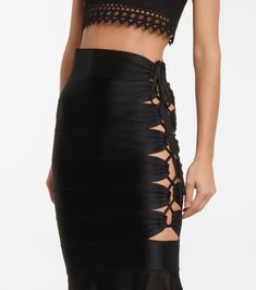 Alaïa - Mesh-insert lace-up midi skirt | Mytheresa Elegant Ruched Bottoms In Midi Length, Elegant Ruched Midi Bottoms, Elegant Ruched Midi Length Bottoms, Gathered Midi Skirt For Evening, Ruched Mini Skirt For Evening, Ruched Midi Skirt For Night Out, Knee-length Ruched Bottoms For Party, Chic Ruched Pencil Skirt For Night Out, Elegant Summer Skirt With Ruched Sides