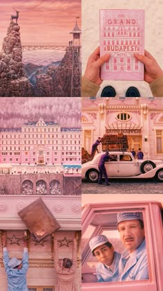 the collage shows two men in front of a pink building and an old car