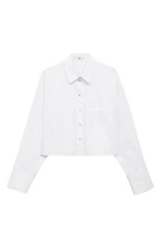 Honeyed mother-of-pearl buttons punctuate a crisp cotton button-up shirt that's completed by an oversized patch pocket on the chest. Front button closure Point collar Long sleeves Chest patch pocket 100% cotton Machine wash, line dry Imported Classic Collared Cropped Shirt For Office, Classic White Collared Cropped Shirt, White Collared Blouse With Pockets, Classic White Cropped Shirt With Button Closure, Classic White Cotton Cropped Shirt, Chic Button-up Cropped Shirt With Pockets, Chic Cropped Button-up Shirt With Pockets, Spring Long Sleeve Cropped Shirt With Button Cuffs, White Long Sleeve Cropped Shirt With Button Closure