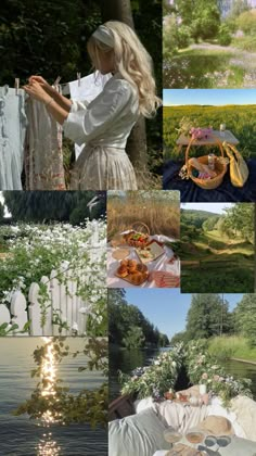 a collage of photos with clothes and flowers in the foreground, water on the other side