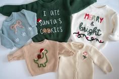 Happy Holidays! Adorably festive baby/toddler Christmas sweaters custom hand embroidered by me, with a little help from my toddler (aka her just trying to steal my yarn). Holiday sweaters come in any embroidery design as shown in pictures. OR I can always custom make something else and alter it however you would like! (think Christmas trees, name in Christmas lights, wreaths, candy canes ... I would love to be creative for you!) I'd love to work with you and can send you examples before I start embroidering, so we can make the perfect Holiday sweater for your little one!   Knit sweaters come a bit large, for an oversized fit on your babe. If you want it snug, I suggest sizing down! Wash Instructions: Hand wash in cold water if you can! If not: flip sweater inside out, wash on a cold/gentle Embroidery Christmas Sweater, Hand Embroidered Christmas Sweater, Toddler Christmas Sweater, Baby Jumpers, Holiday Sweaters, Pull Bebe, Christmas Cardigan, Embroidery Sweater, Embroidered Christmas