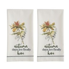 two tea towels with autumn sayings on the front and back one has an orange flower