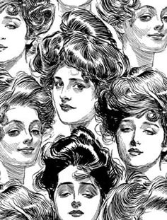 a drawing of women with different hair styles and hairstyles, vintage line art or engraving