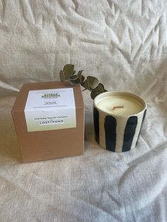 a black and white striped candle next to a cardboard box with a plant in it