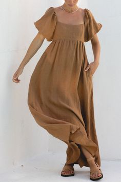 French Riviera 100% Linen Dress Brown Linen Dress, Maternity Lounge Wear, Mini Jumpsuit, French Dress, Dress With Sleeves, Pinterest Closet, French Inspired, French Riviera, Sweater Sale