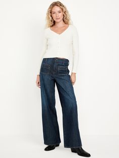 high waisted button front belt loops zip fly front utility pockets back patch pockets sits at belly button super-baggy thigh hits below ankle 30" regular inseam 28" petite inseam 33" tall inseam models are approx.  5'9" and wear sizes s (4), l (12), and xl (18)machine wash according to the care instruction label Trousers Outfit Work, Jean Trousers Outfit, Womens Trouser Jeans, High Waisted Wide Leg Jeans, Clothes For Women Over 50, Utility Pockets, Stylish Clothes For Women, Fashion Mistakes, Perfect Jeans