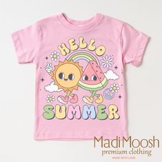 FREE SHIPPING ON ALL ORDERS $35 AND UP ** Welcome to Madi Moosh this is the sister store to Madi Moosh Boutique where we have sold over 80 thousand shirts and received over 13 thousand feedbacks. Our goal as always is to supply high quality kids and adult clothing for all occasions. About our process:   - All orders are made to order and printed using Direct To Garment printing technology. Unlike other garment decorating processes, this process allows for a super soft print that will last for years. The ink is eco and kid friendly.  - We carry several different brands, including Gerber Premium, Rabbit Skins, Bella Canvas, and Gildan. See our size charts n the listings.  - Washing instructions. We suggest washing all garments in cold water and dry on low heat.  - All orders are shipped usin Pink Cotton T-shirt For Summer, Cute Multicolor T-shirt For Vacation, Pink Cotton Kawaii Shirt, Playful Spring Shirt With Cartoon Print, Spring Cartoon Print Playful Shirt, Playful Cartoon Print Shirt For Spring, Cute Pink Cotton Shirt, Fun Spring Shirt With Cartoon Print, Fun Cartoon Print Shirt For Spring