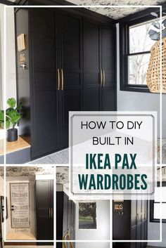 black painted kitchen cabinets with text overlay how to diy built in ikea pax wardrobes