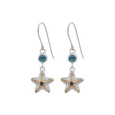 This adorabale starfish earring features BlueTopaz 6mm Round faceted  Stones With  tiny 2 mm iolite stones set in the center of the silver starfish. Our Artisans carefully apply 22 kt gold to the little silver balls covering the  sterling  silver starfish. A perfect reminder of the oceans vast treasures! Nickel-free Star-shaped Ocean-inspired Jewelry, Blue Starfish Charm Earrings For Gift, Elegant Blue Starfish Charm Jewelry, Elegant Blue Jewelry With Starfish Charm, Blue Sterling Silver Starfish Jewelry, Sterling Silver Starfish-shaped Earrings With Charm, Blue Star-shaped Sterling Silver Earrings, Sterling Silver Starfish Charm Earrings, Sterling Silver Starfish Earrings With Charm