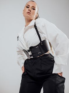 The model is wearing a size XL and is 33.5"/85 cm waist, 35"/89 cm underbust, 41.5"/106 cm bust.Can a belt be addictive to wear? According to our satisfied customer Kailus, the Moonson Belt most definitely can! Crafted with love and precision, this special leather belt can make even old outfits as good as new. Edgy Fitted Harness With Belt, Chic Black Belts, Fitted Black Harness For Night Out, Elegant Fitted Black Harness, Fitted Belt Harness For Cosplay, Fitted Harness With Belt For Cosplay, Black Fitted Belt For Night Out, Edgy Harness With Belt For Night Out, Edgy Belt Harness For Night Out