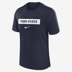 Featuring an official team look, the Penn State Nittany Lions Sideline Player T-Shirt combines sweat-wicking technology and soft tri-blend fabric to help provide you with a comfortable game-day experience. Nike Team Spirit Moisture-wicking T-shirt, Nike Team Spirit Jersey T-shirt, Nike Collegiate Tops With Team Name, Nike Jersey T-shirt With Team Spirit, Nike College Tops With Team Logo, Nike Collegiate Moisture-wicking T-shirt, Nike Moisture-wicking T-shirt For Fans, Nike Team Spirit Tops With Moisture-wicking, Nike Team Spirit Moisture-wicking Tops