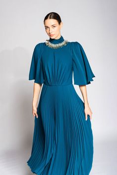 Her Trove - Embroidered neckline pleated dress Dress With Bell Sleeves, Dress Name, A Turtle, Embroidered Neckline, Pleated Midi Dress, Bell Sleeve Dress, Pleated Dress, A Line Skirt, A Line Skirts