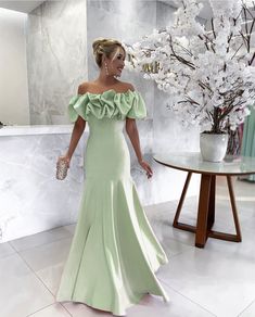 Classic Mermaid Satin Floor Length Prom Dress, Ruffles Top With Off The Shoulder.