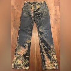 Roberto Cavalli Jeans Maine Line Paisley Pants Size Xs Fitted Wide Leg Bottoms With Paisley Print, Unique Jeans For Women, Roberto Cavalli Jeans, Roberto Cavalli 2003, Dead Beat, Cavalli Jeans, Statement Jeans, Cute Online Clothing Stores, Pants Custom