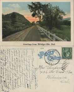 an old postcard with two pictures of the road and trees in the back ground