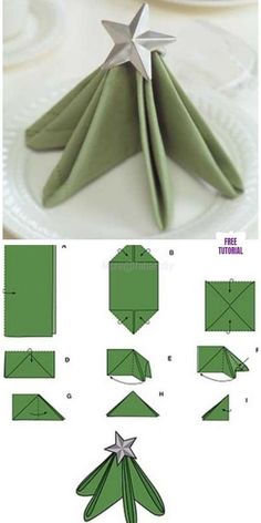 folded napkins with stars on them and the instructions for how to fold one origami