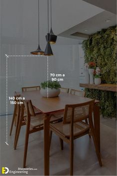 a dining room table and chairs with measurements for the height of each chair in front of it