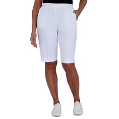 Stay cool and comfortable with our women's stretch bermuda shorts. Designed with a flat elastic waistband for a secure and adjustable fit, these shorts feature side seam pockets to keep your essentials within easy reach. Made from a soft and stretchy fabric, they move with you as you go, whether you're lounging by the pool or running errands around town. Size: 14.  Color: White.  Gender: female.  Age Group: adult. Spring Bermuda Athletic Shorts With Built-in Shorts, Summer Capris With Built-in Shorts, Spring Bermuda Athletic Shorts With Relaxed Fit, Classic Bermuda Shorts With Built-in Shorts, Relaxed Fit Bermuda Athletic Shorts For Spring, Casual Bermuda Pull-on Shorts, White Stretch Knee-length Shorts, Spring Cotton Bermuda Shorts Mid-thigh Length, Stretch Bermuda Shorts Casual Short Length