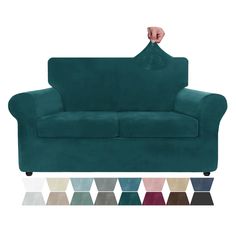 a blue couch with multiple colors on it