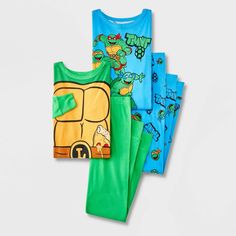 three children's pajamas with teenage turtles on them, one in blue and the other in green