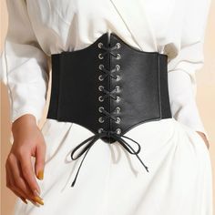 Size: Xl Color: Black Pattern Type: Plain Stretch: Slight Stretch Buckle Type: No Breasted Belts Width: Wide Belt Material: Pu Leather Composition: 50% Polyester, 50% Polyurethane Corset Waist Belt, Fashion Corset, Punk Women, Corset Waist, Belt Tie, Corset Belt, Leather Harness, Women's Evening Dresses, Skirt Belt