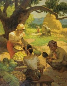 an oil painting of people and animals at a fruit stand in the country by a tree