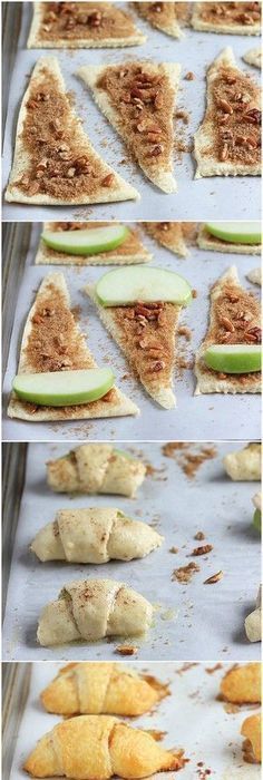 the process of making apple turnovers is shown in three different stages, including baking them