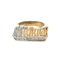 Third generation name jewelry experts feature this beautiful Name Ring. With its Unique white and yellow straight line design, this custom made solid gold name ring is a delightful way to celebrate just about any special occasions. Personalize this custom ring with the name of your choice. Treat yourself or make it a gift for loved ones, birthdays, anniversaries, or celebrations. Great for men women or children. Start a name jewelry collection with this ring or add to your current collection. * Engraved 14k White Gold Ring With Diamond Accents, Personalized Diamond Engraved Ring Fine Jewelry, 14k White Gold Engraved Ring With Diamond Accents, Personalized 14k Yellow Gold Diamond Ring, Classic 14k Gold Engraved Ring With Custom Name, Classic Yellow Gold Engraved Ring With Custom Name, Luxury Personalized 14k Gold Diamond Ring, White Name Ring For Anniversary, Custom Name White Rings For Anniversary